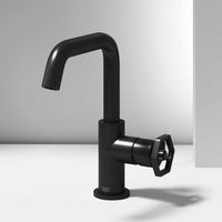 Matte black single hole bathroom faucet with high arc spout and lever handle