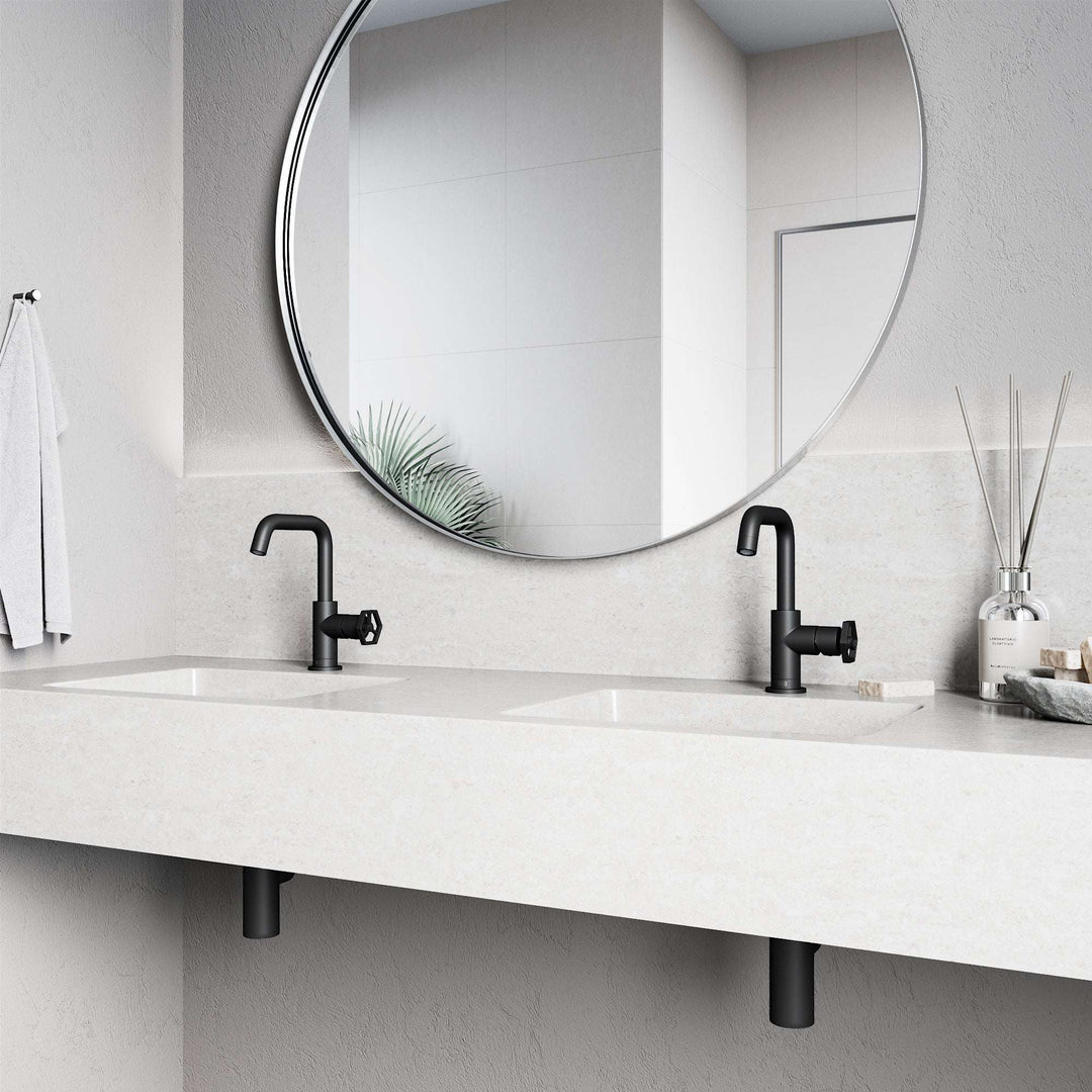 Modern deck-mounted faucet in matte black with ceramic disc valve