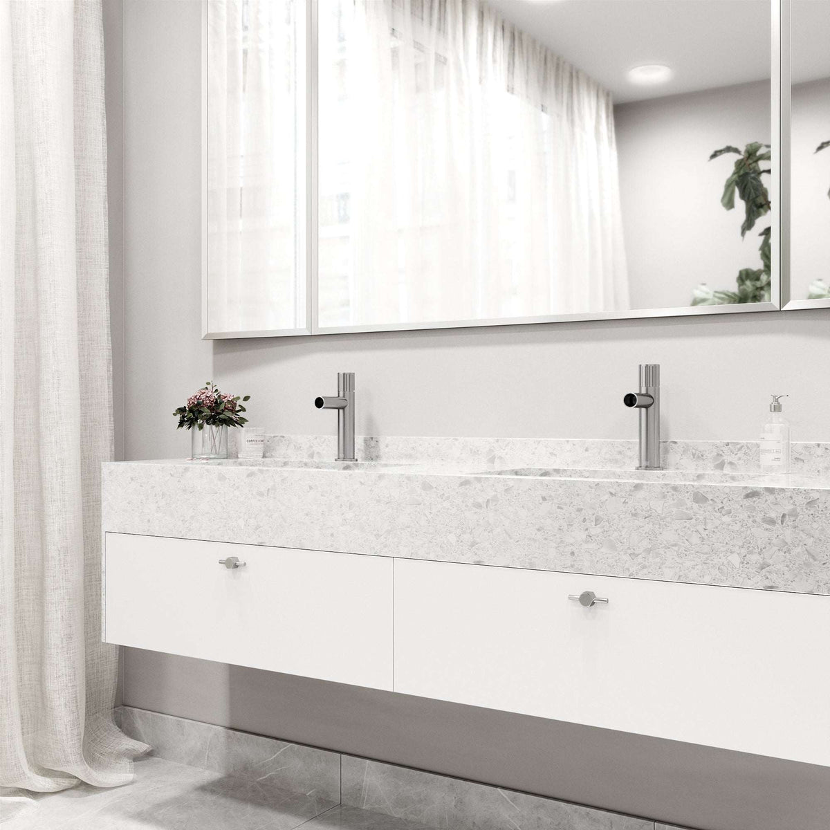 Deck-mounted faucet with high arc spout and brushed nickel finish