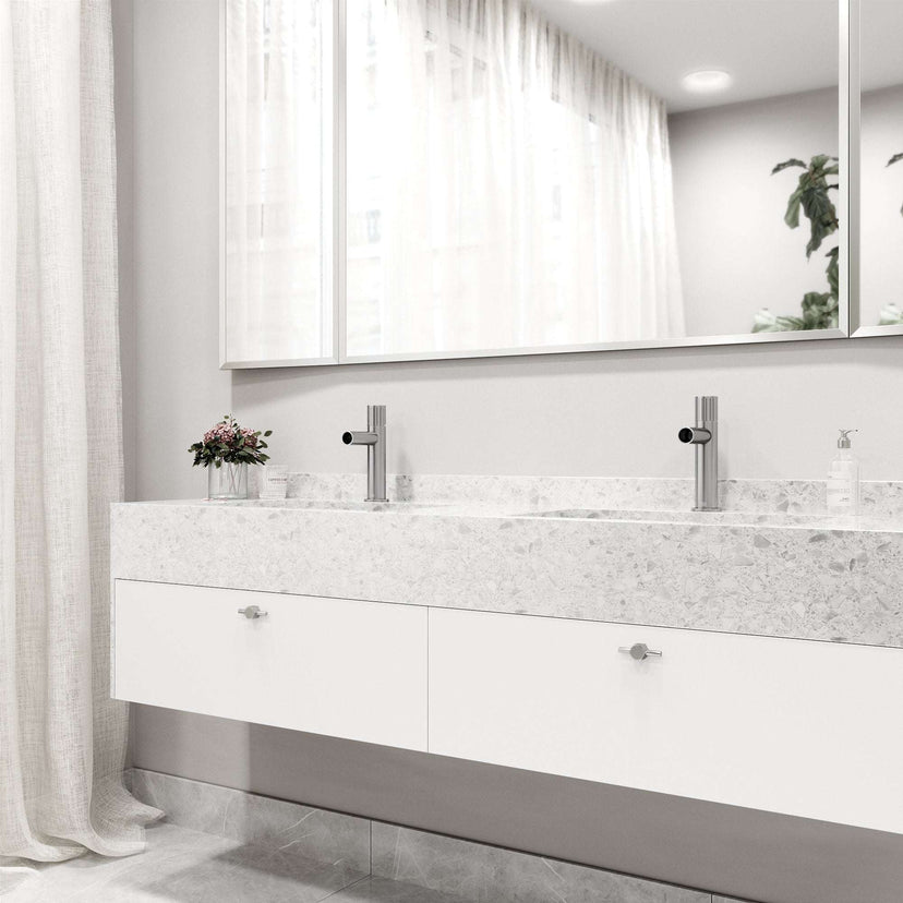 Deck-mounted faucet with high arc spout and brushed nickel finish