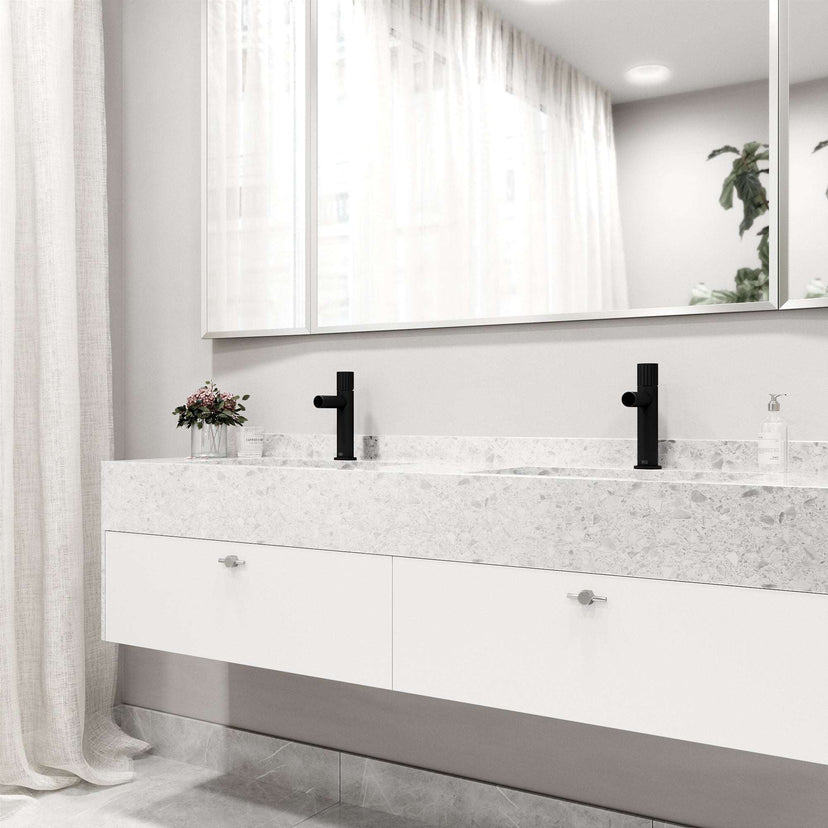Deck-mounted faucet with high arc spout and matte black finish