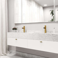 Deck-mounted faucet with high arc spout and matte brushed gold finish