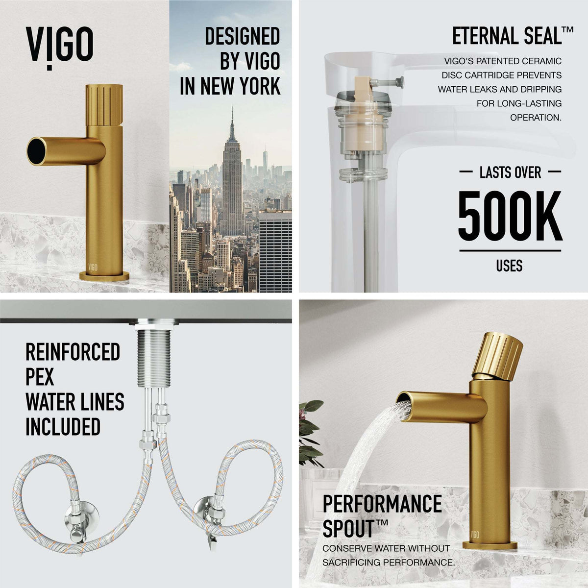 Low flow single hole faucet in matte brushed gold with included supply lines