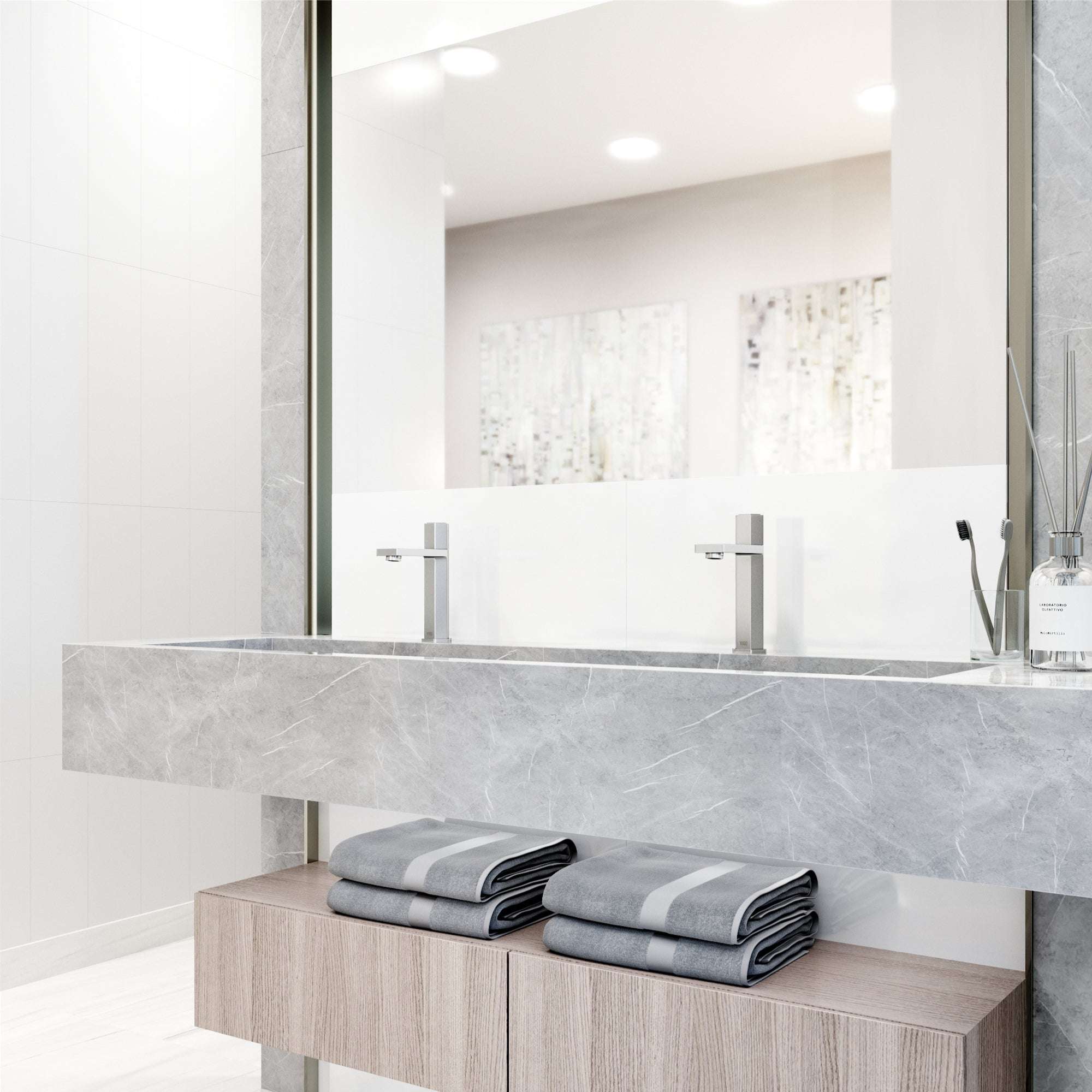 Brass bathroom faucet with high arc spout and included mounting hardware