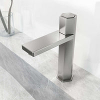 Low flow bathroom faucet with ceramic disc cartridge and brushed nickel finish