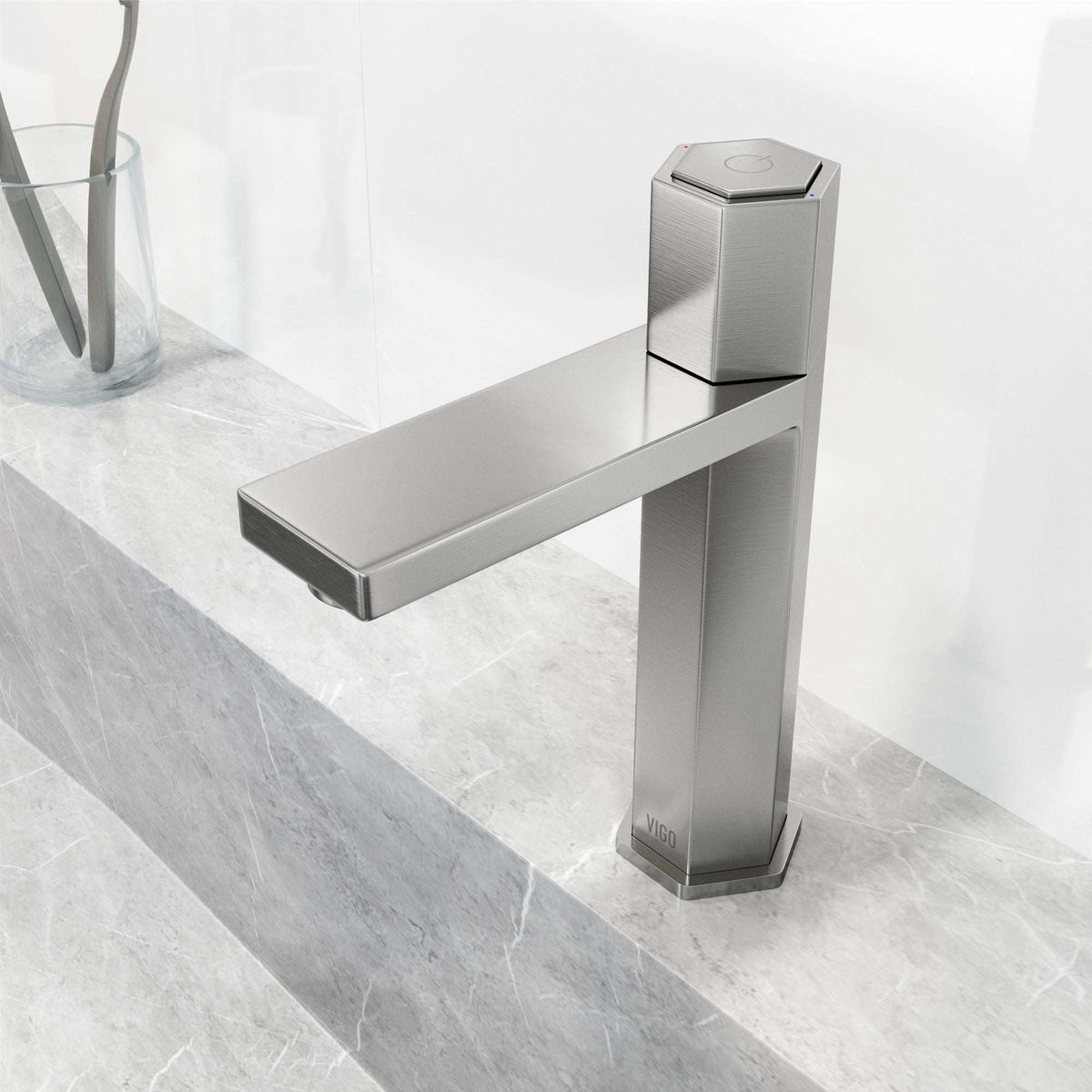 Low flow bathroom faucet with ceramic disc cartridge and brushed nickel finish