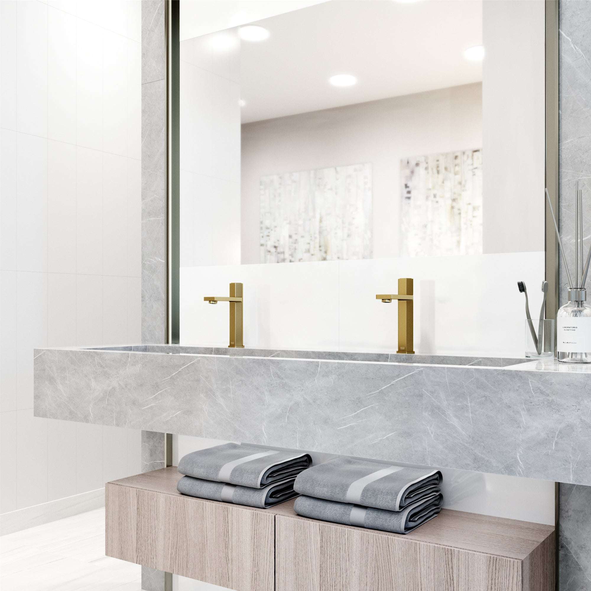 Brass bathroom faucet with high arc spout and included mounting hardware