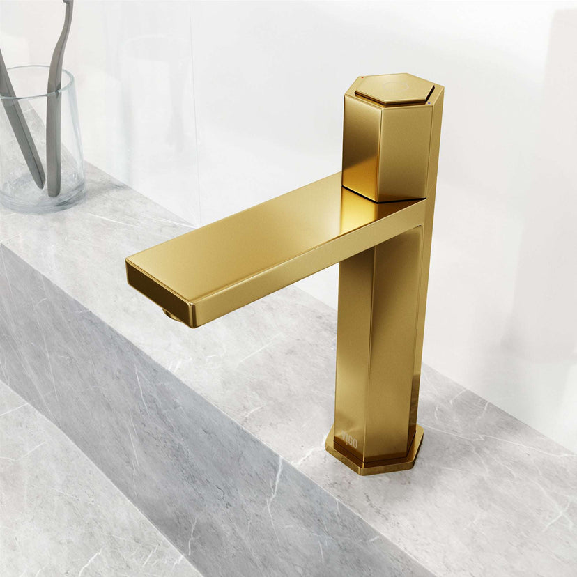 Low flow bathroom faucet with ceramic disc cartridge and matte brushed gold finish