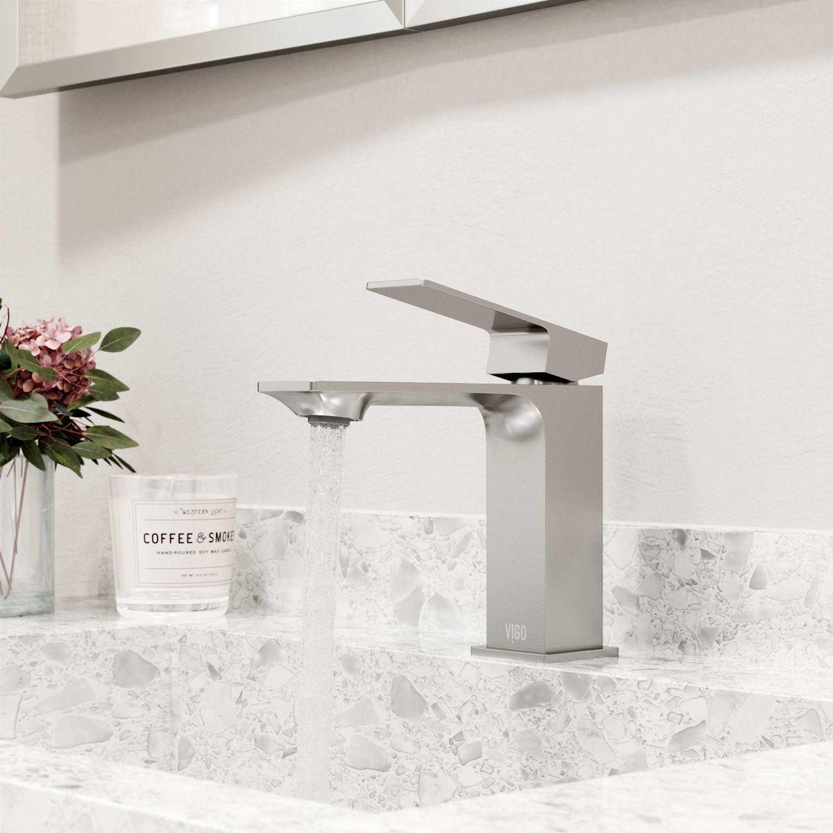 Deck-mounted faucet in brushed nickel with ceramic disk valve and NPSM thread