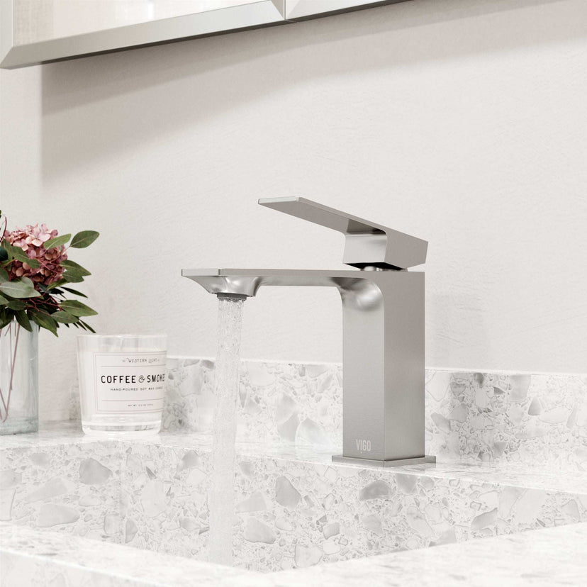 Deck-mounted faucet in brushed nickel with ceramic disk valve and NPSM thread