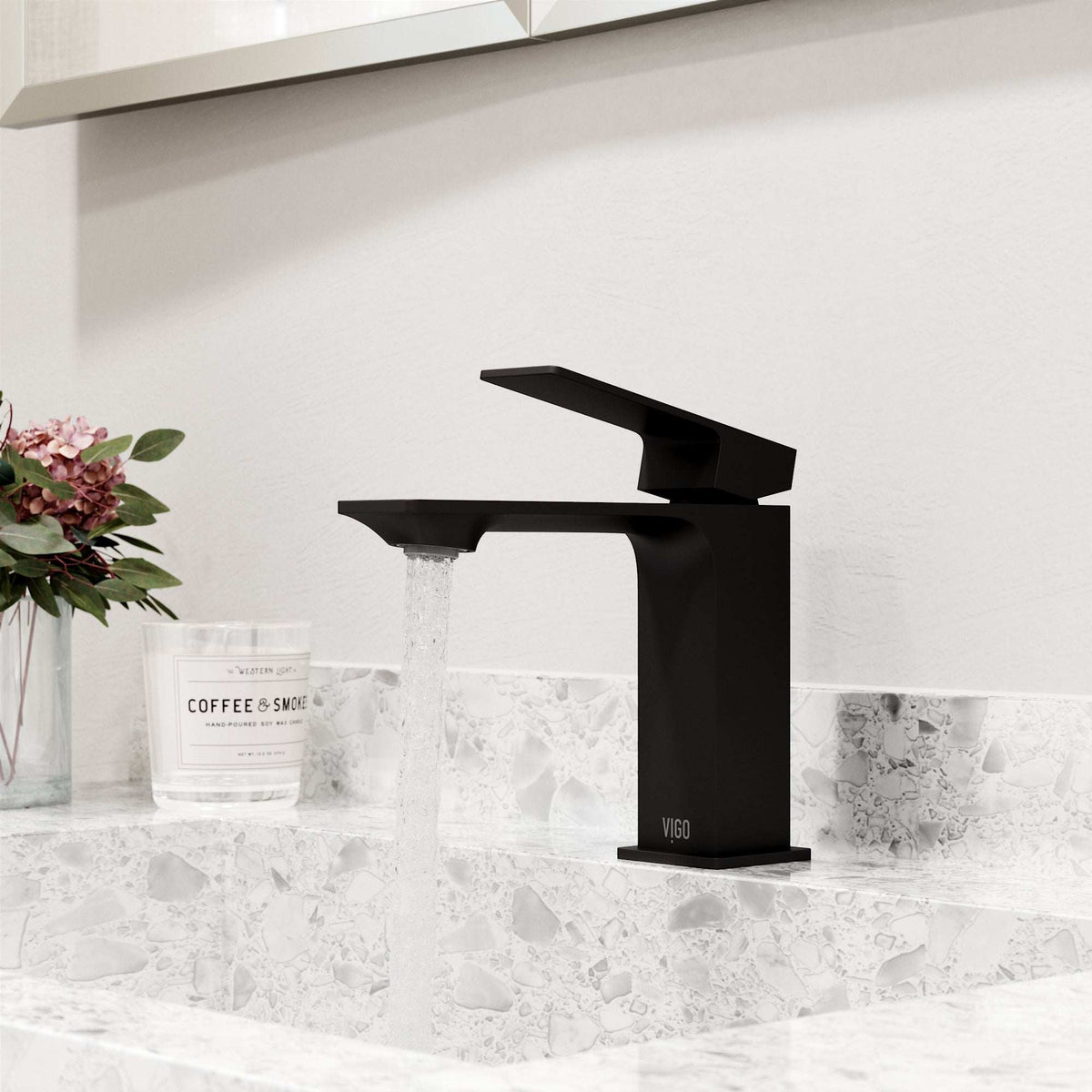 Deck-mounted faucet in matte black with ceramic disk valve and NPSM thread