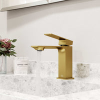 Deck-mounted faucet in matte brushed gold with ceramic disk valve and NPSM thread