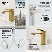 Brass bathroom faucet with matte brushed gold finish and mid arc spout