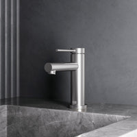Brushed Nickel single hole bathroom faucet with lever handle and mid arc spout