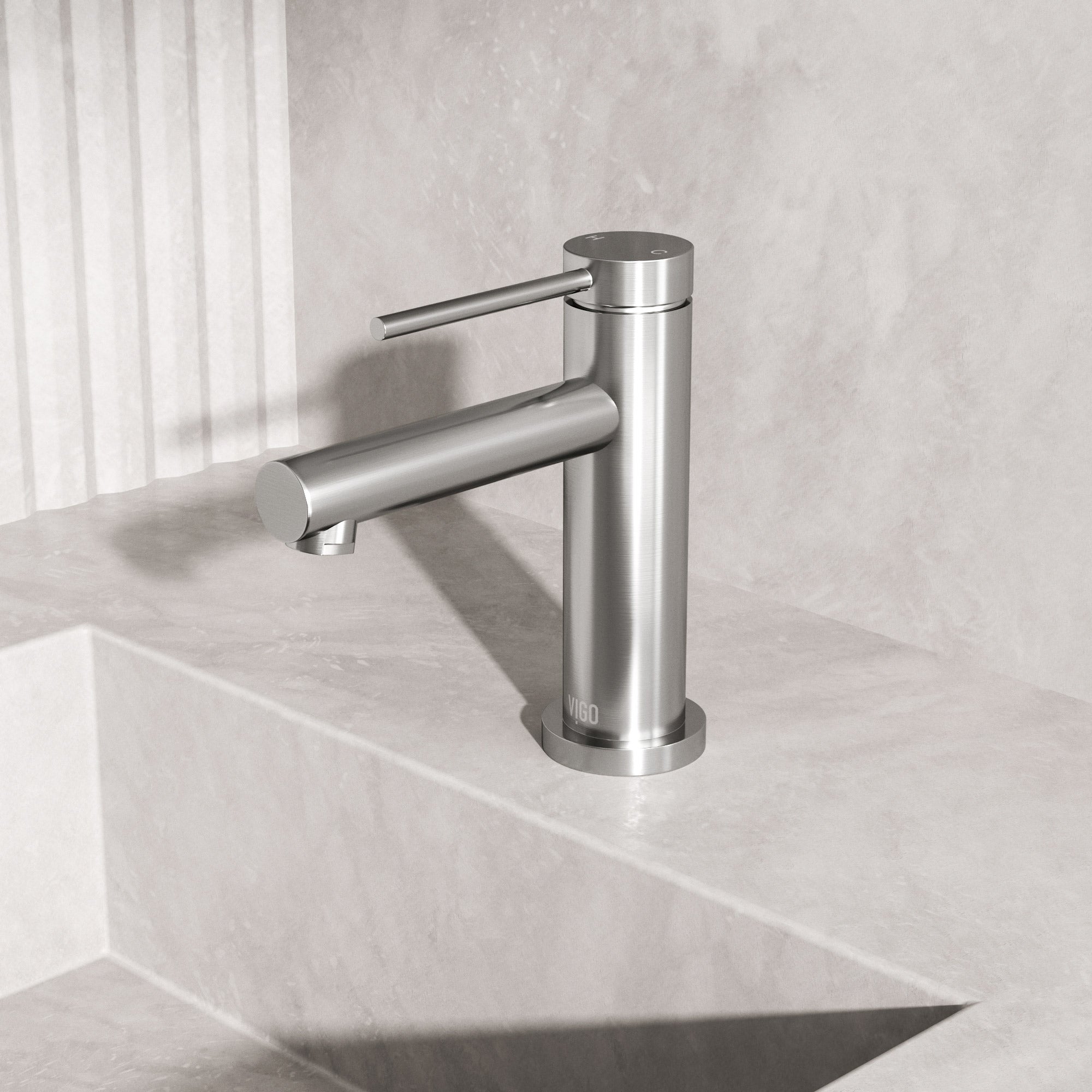 Modern deck-mounted faucet in brushed nickel with ceramic disc cartridge