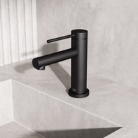 Modern deck-mounted faucet in matte black with ceramic disc cartridge