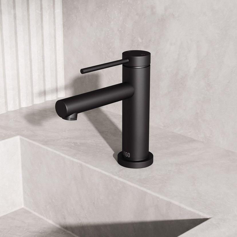 Modern deck-mounted faucet in matte black with ceramic disc cartridge