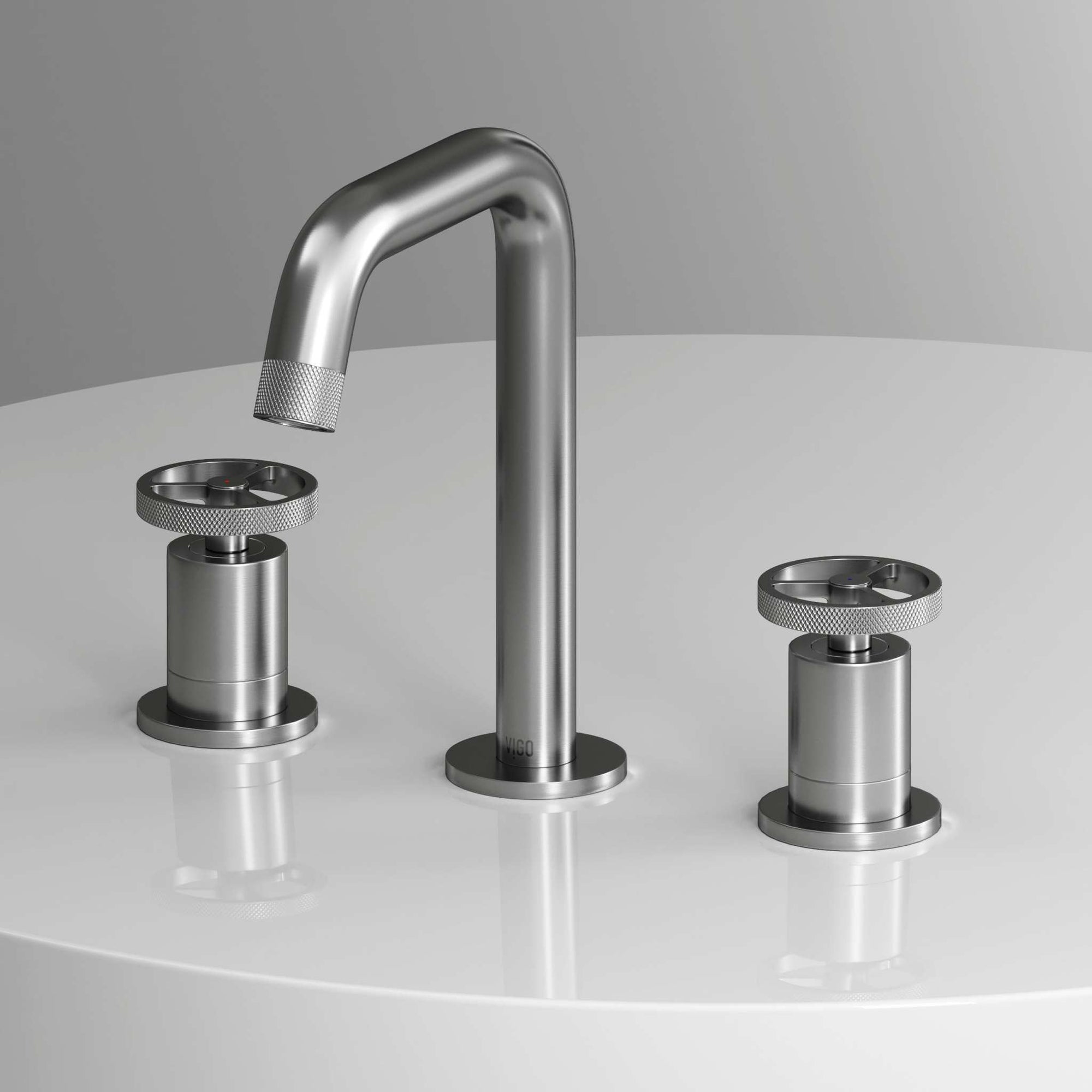Brushed nickel widespread bathroom faucet with high arc spout and ceramic disc valves
