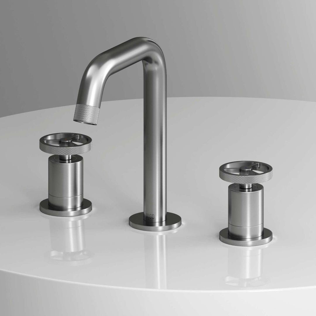 Brushed nickel widespread bathroom faucet with high arc spout and ceramic disc valves