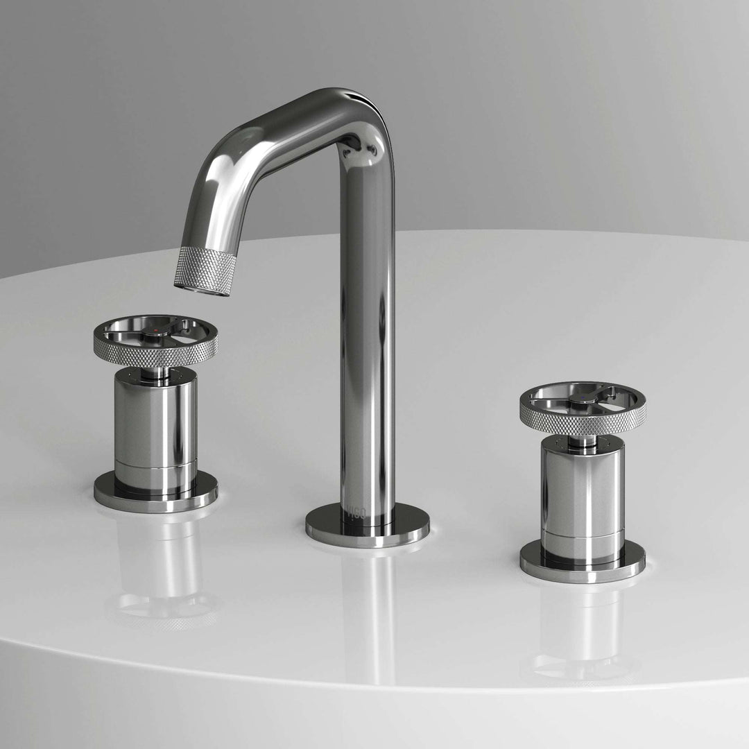 Chrome widespread bathroom faucet with high arc spout and ceramic disc valves