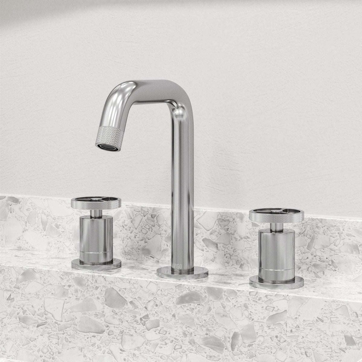 Contemporary deck-mounted faucet with included supply lines and hot/cold indicators