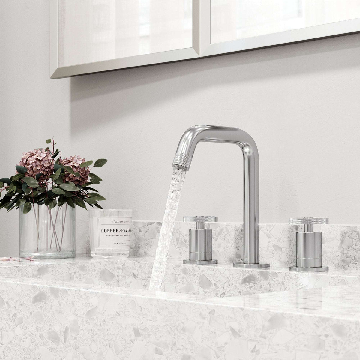 Chrome faucet with high arc waterfall spout and easy installation components