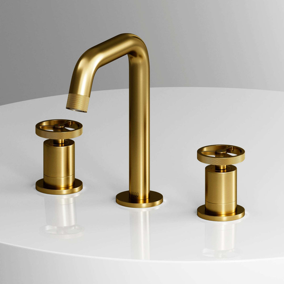 Matte brushed gold widespread bathroom faucet with high arc spout and ceramic disc valves