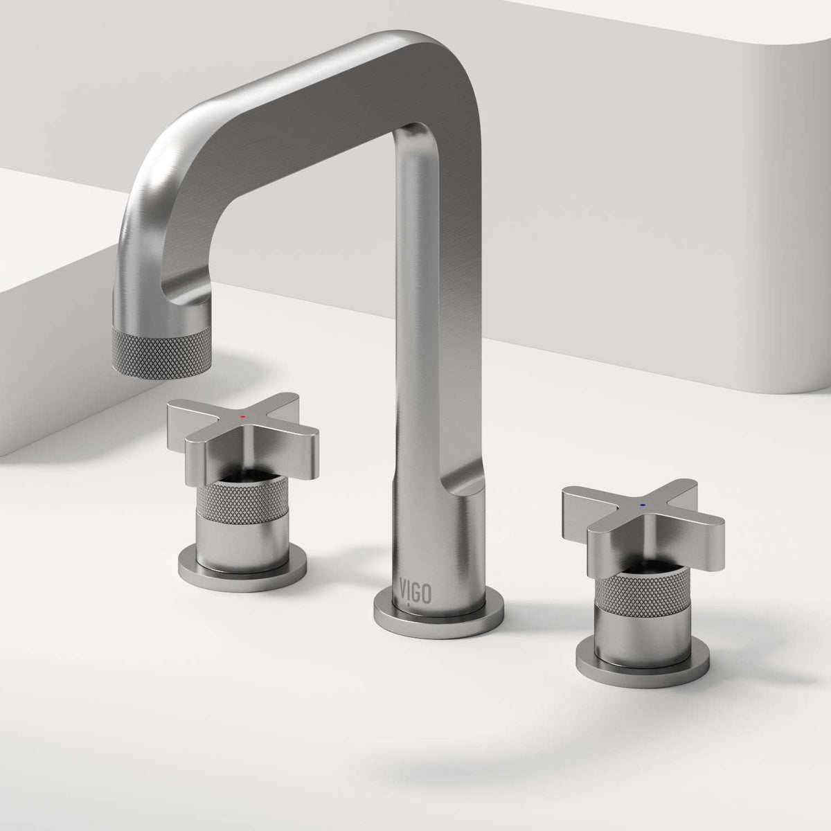 Brushed nickel widespread bathroom faucet with high arc spout and ceramic disc valve