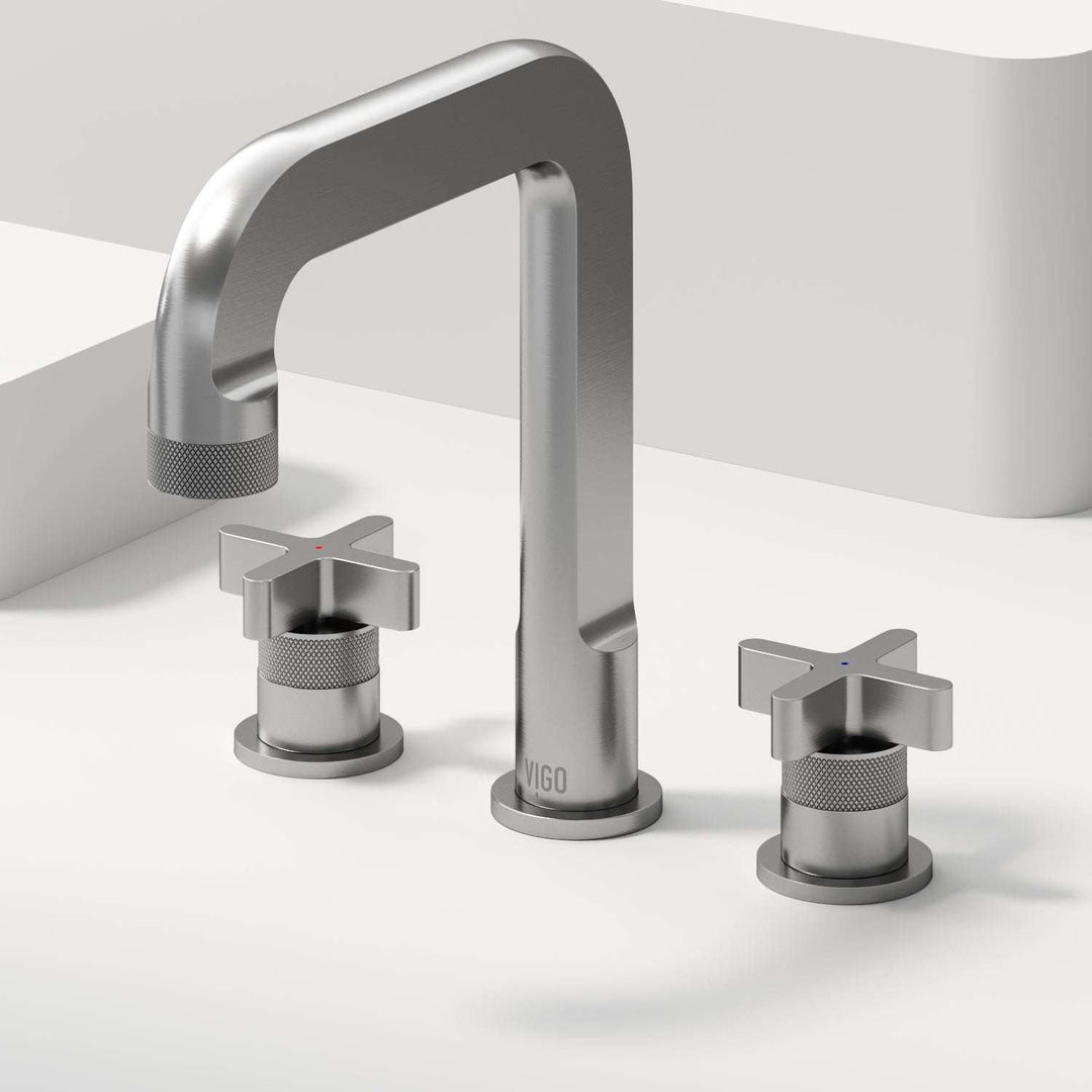 Brushed nickel widespread bathroom faucet with high arc spout and ceramic disc valve