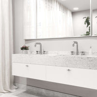 Modern deck-mounted 3-hole faucet in brushed nickel with knob handles and low flow