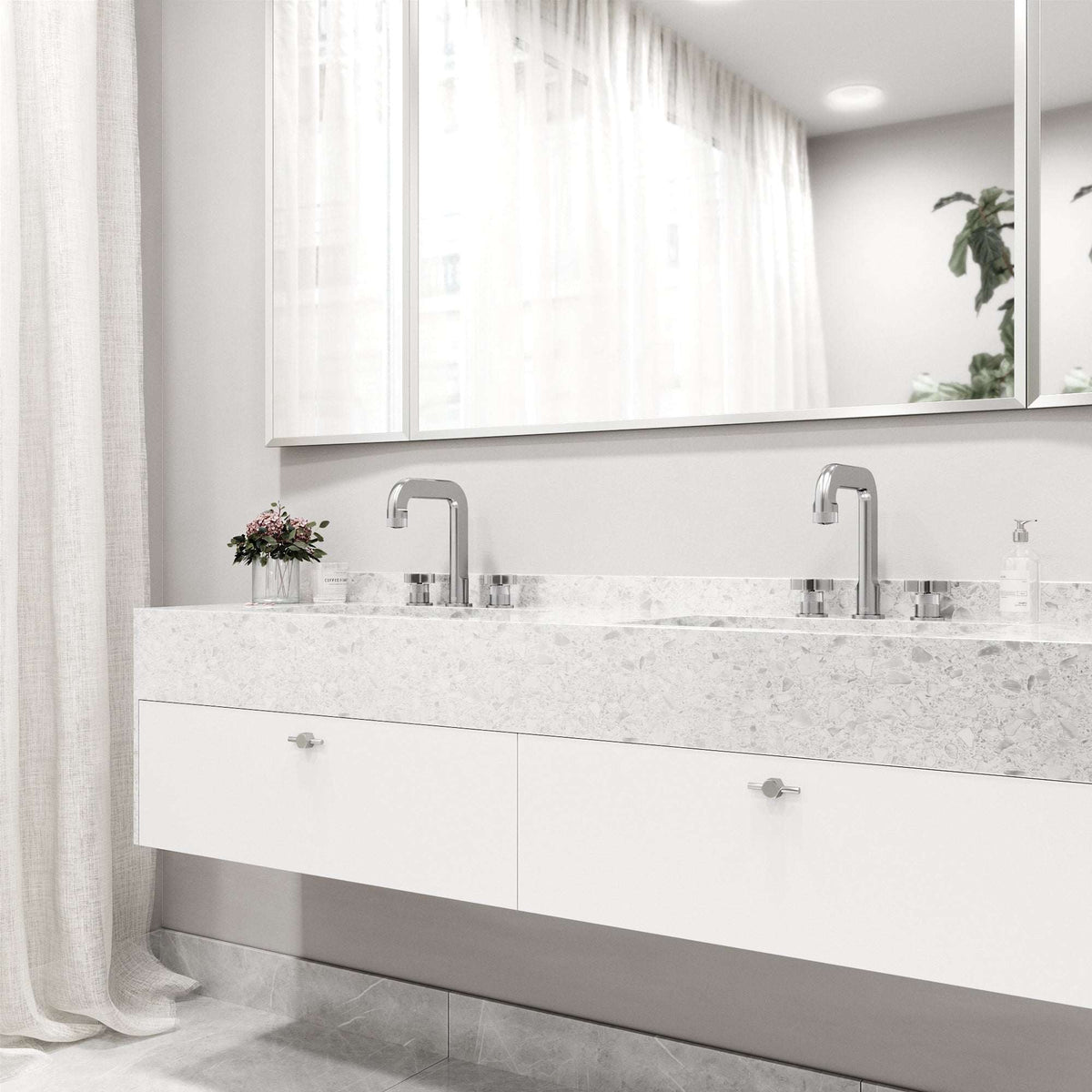 Modern deck-mounted 3-hole faucet in brushed nickel with knob handles and low flow