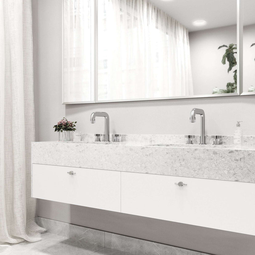 Modern deck-mounted 3-hole faucet in brushed nickel with knob handles and low flow