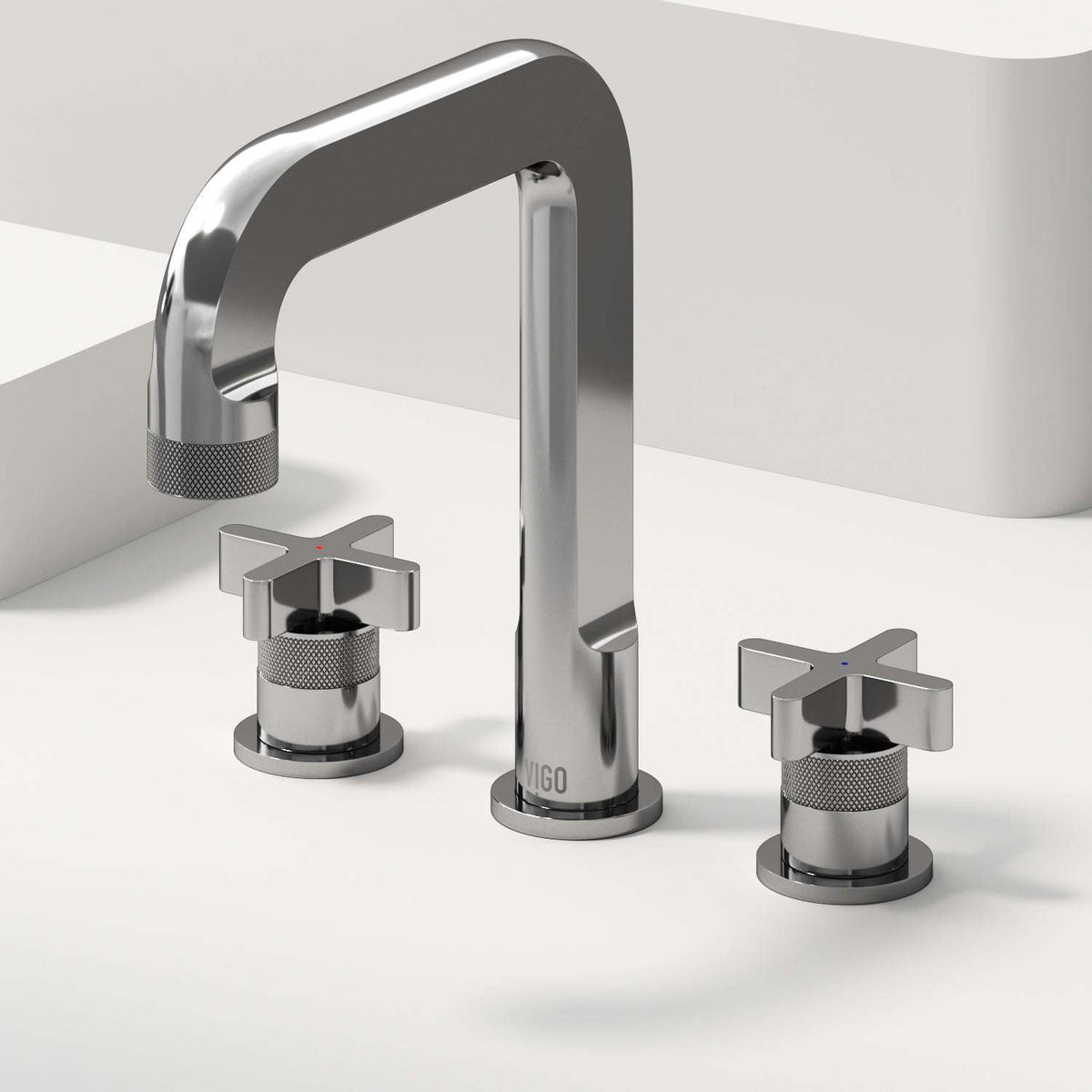 Chrome widespread bathroom faucet with high arc spout and ceramic disc valve