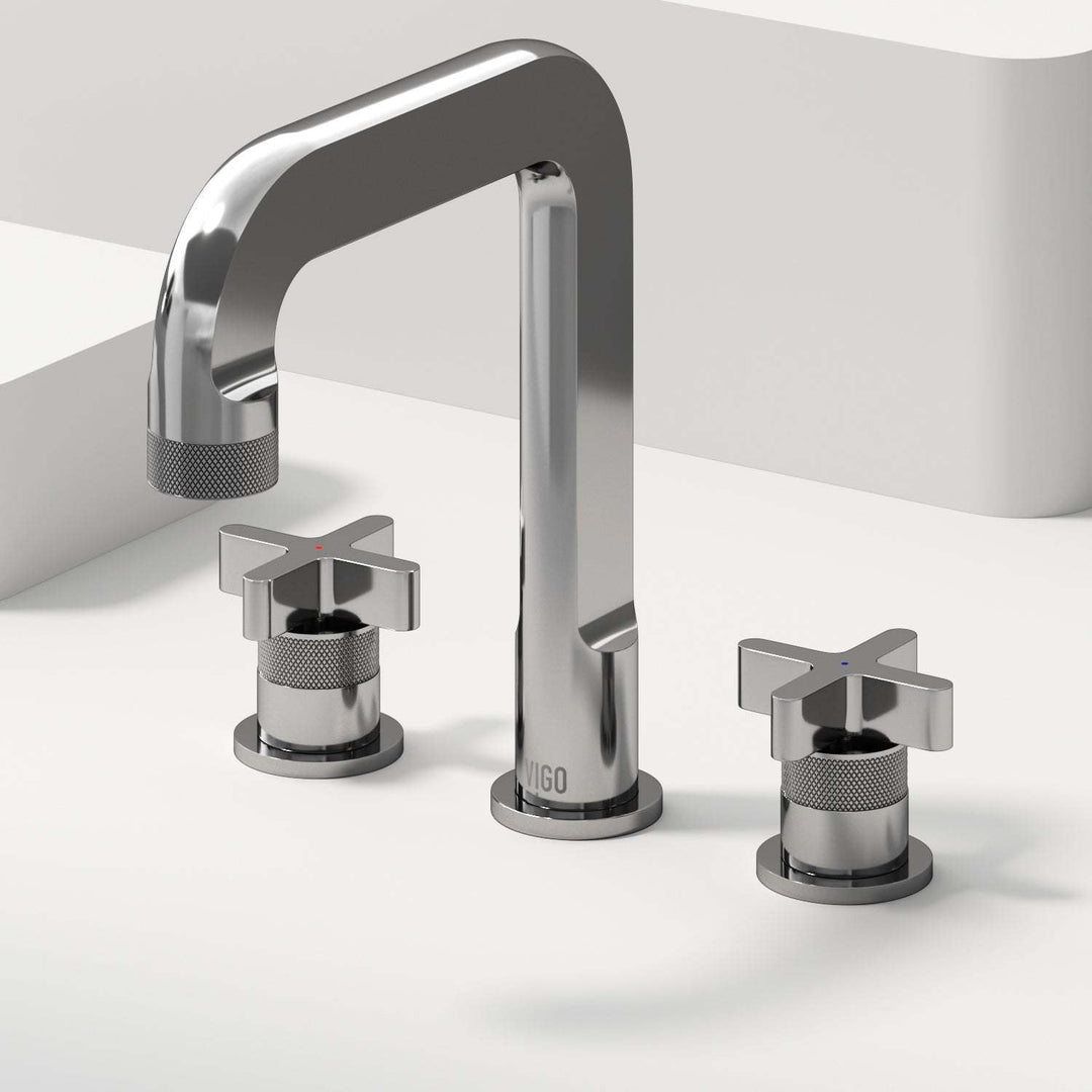 Chrome widespread bathroom faucet with high arc spout and ceramic disc valve