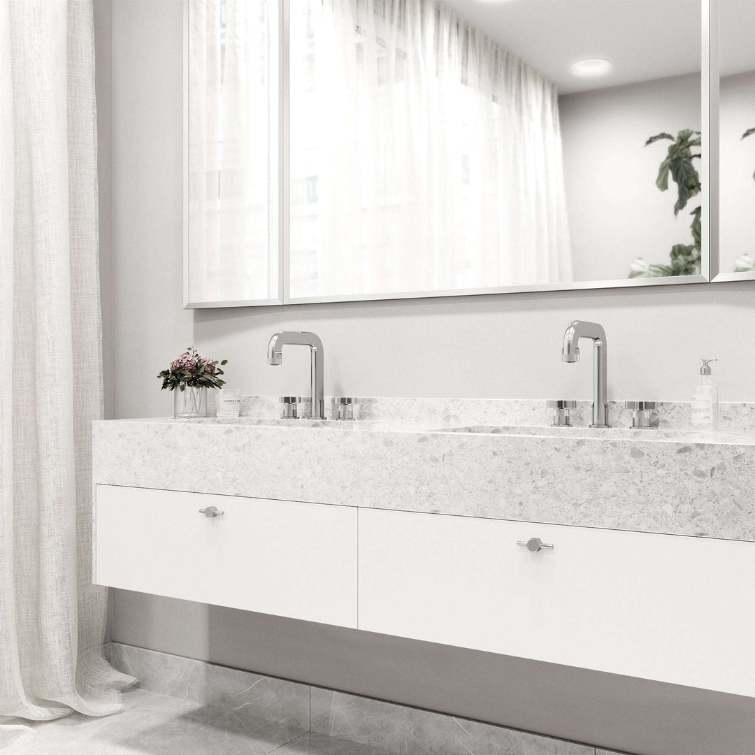 Modern deck-mounted 3-hole faucet in chrome with knob handles and low flow