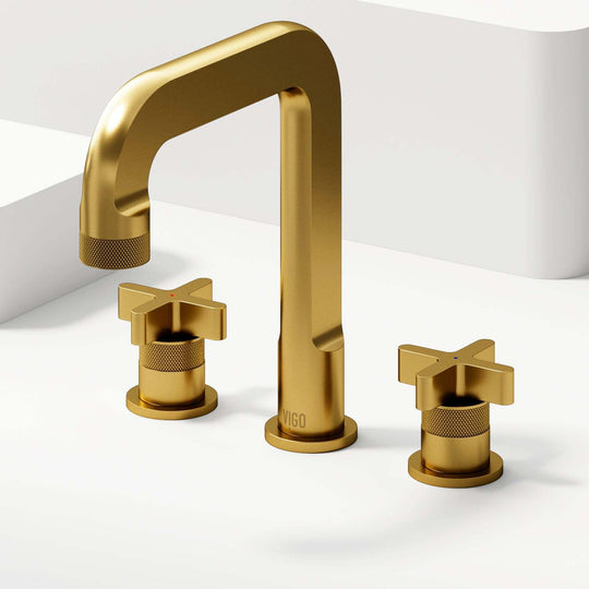 Matte brushed gold widespread bathroom faucet with high arc spout and ceramic disc valve