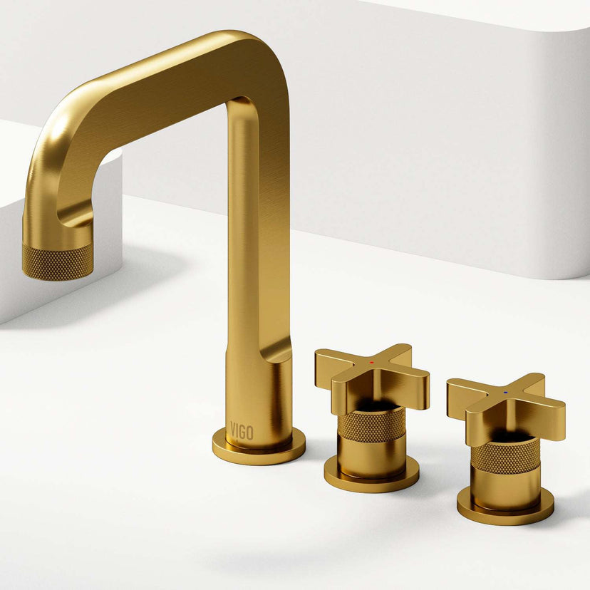 High arc spout bathroom faucet in matte brushed gold finish with included supply lines