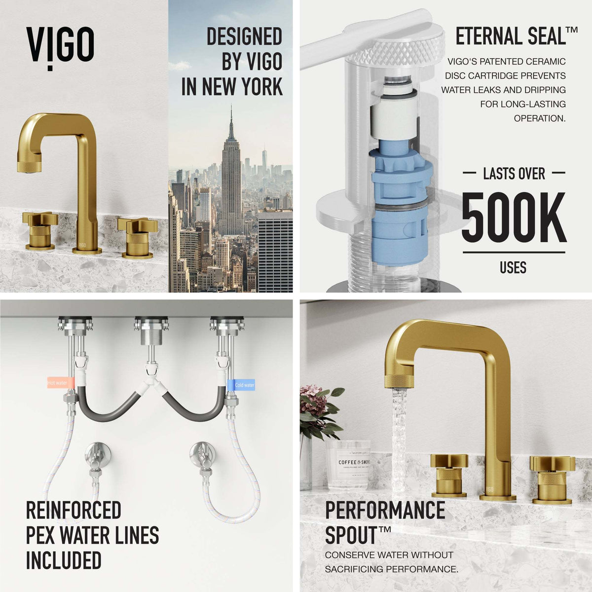 Modern contemporary bathroom faucet with matte brushed gold finish and included mounting hardware