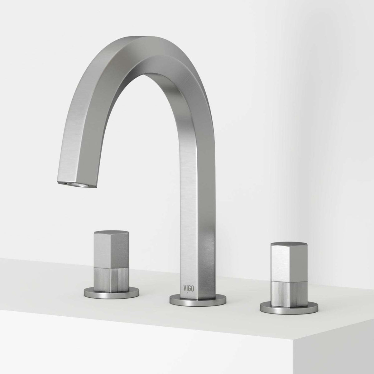 Brushed Nickel widespread bathroom faucet with high arc spout and ceramic disc valves