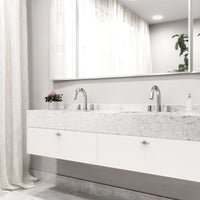 Modern 3-hole deck mounted faucet in brushed nickel with knob handles and low flow
