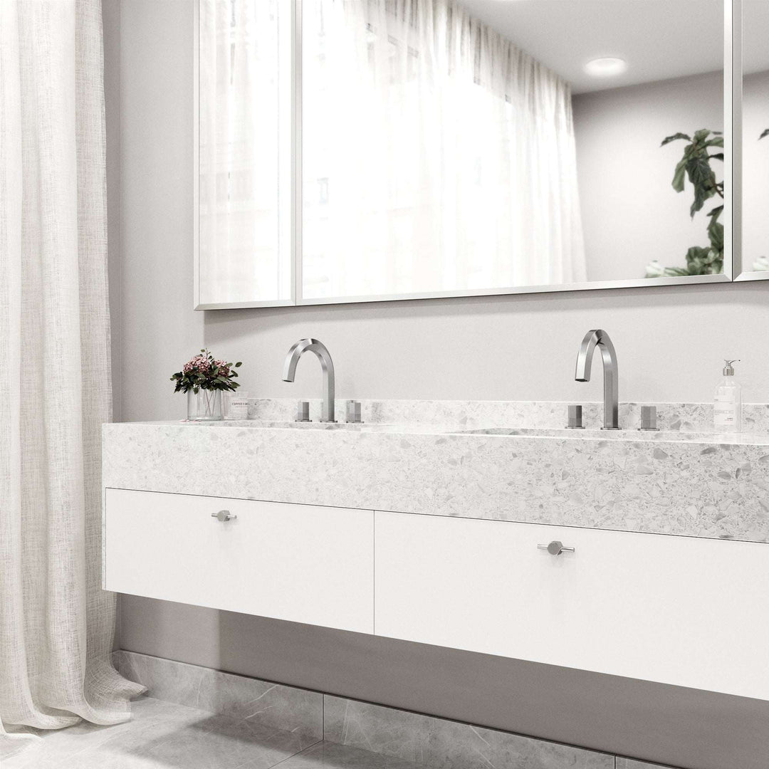 Modern 3-hole deck mounted faucet in brushed nickel with knob handles and low flow