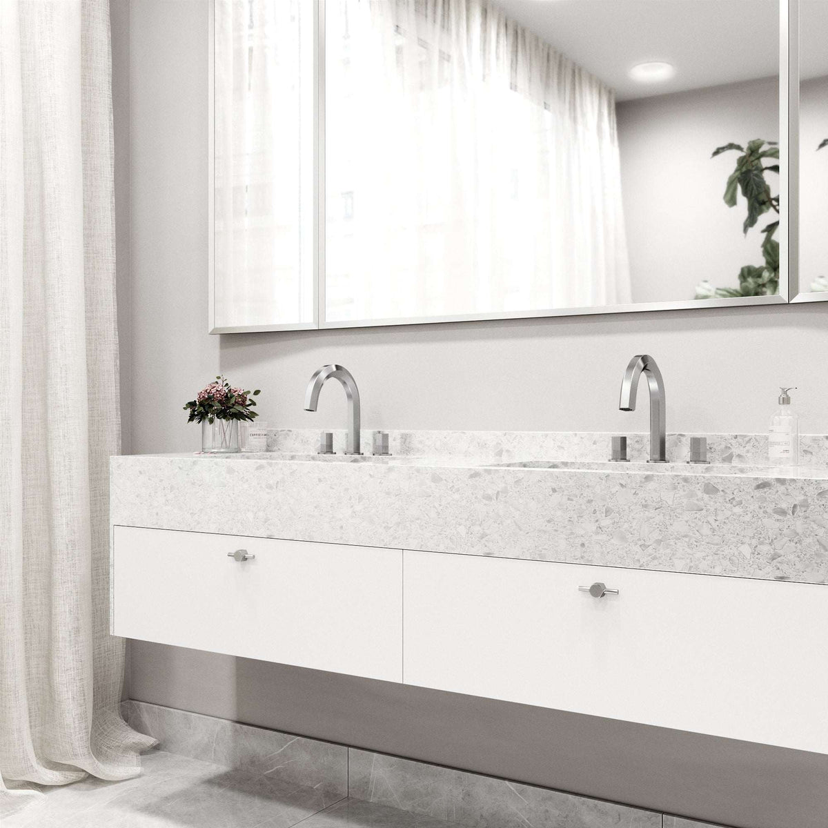 Modern 3-hole deck mounted faucet in brushed nickel with knob handles and low flow