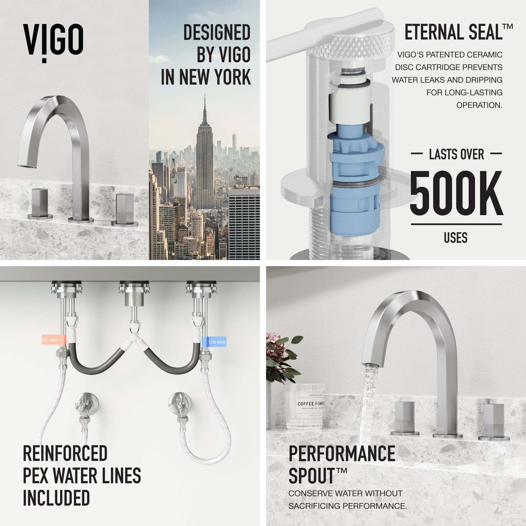 Contemporary 3-hole faucet with ceramic disc cartridge and compression connections