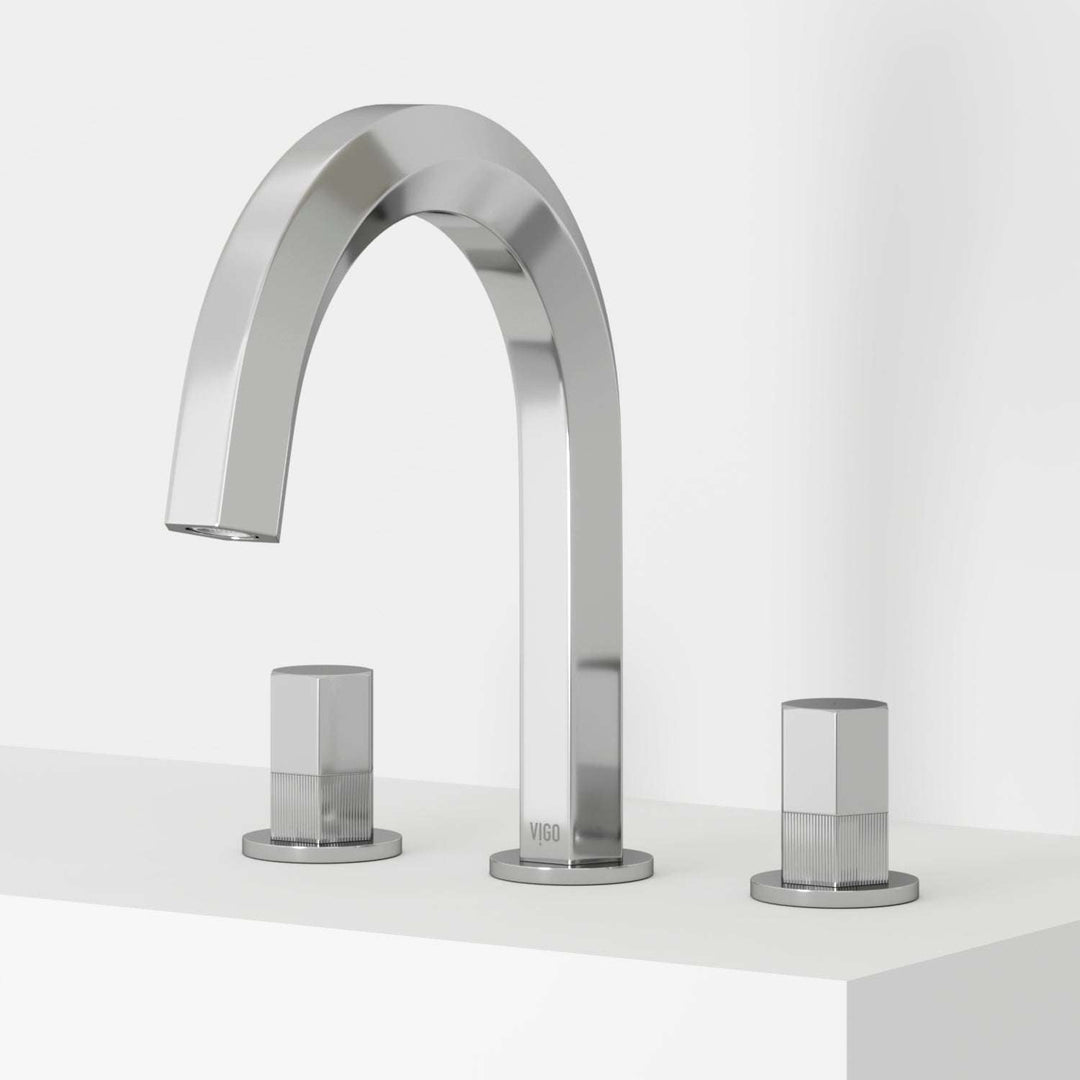Chrome widespread bathroom faucet with high arc spout and ceramic disc valves