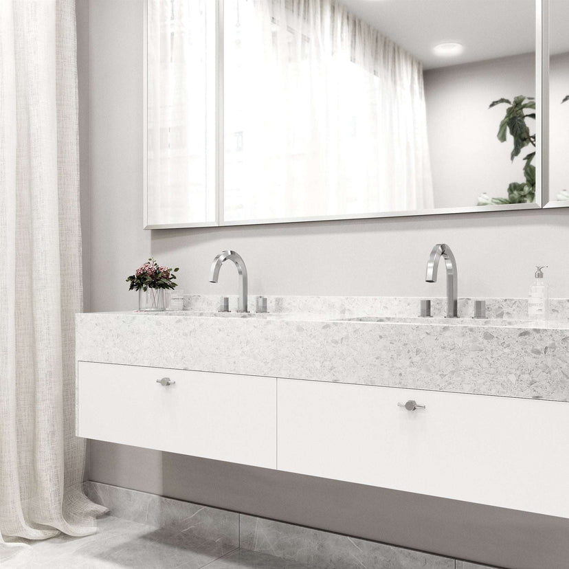 Modern 3-hole deck mounted faucet in chrome with knob handles and low flow