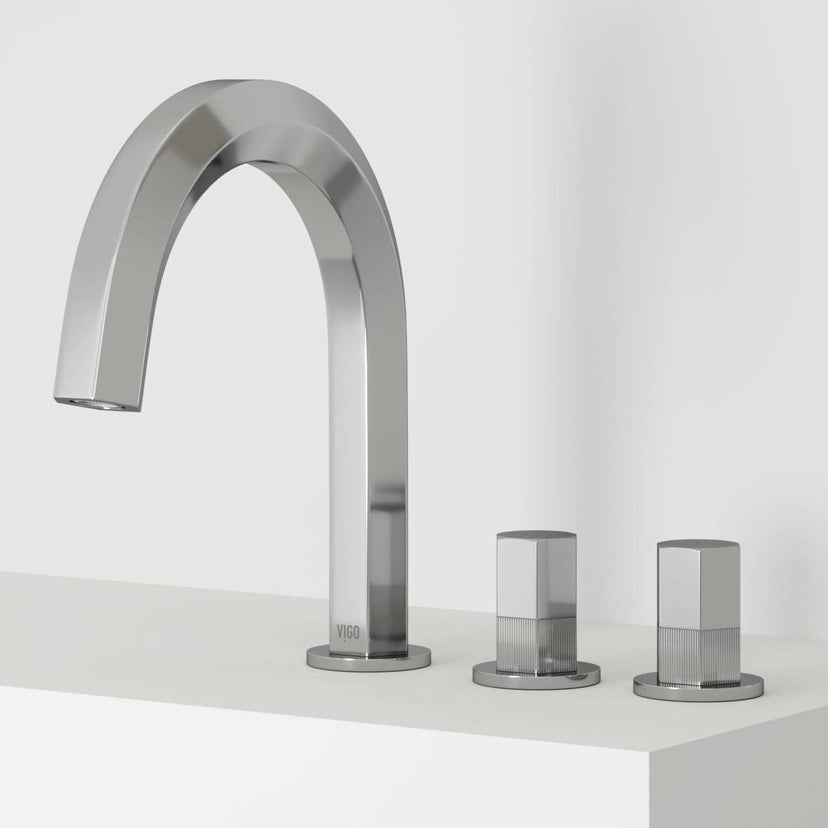 High arc spout faucet in chrome finish with included mounting hardware