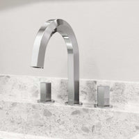 Deck mounted widespread faucet with hot/cold indicators and drip free design