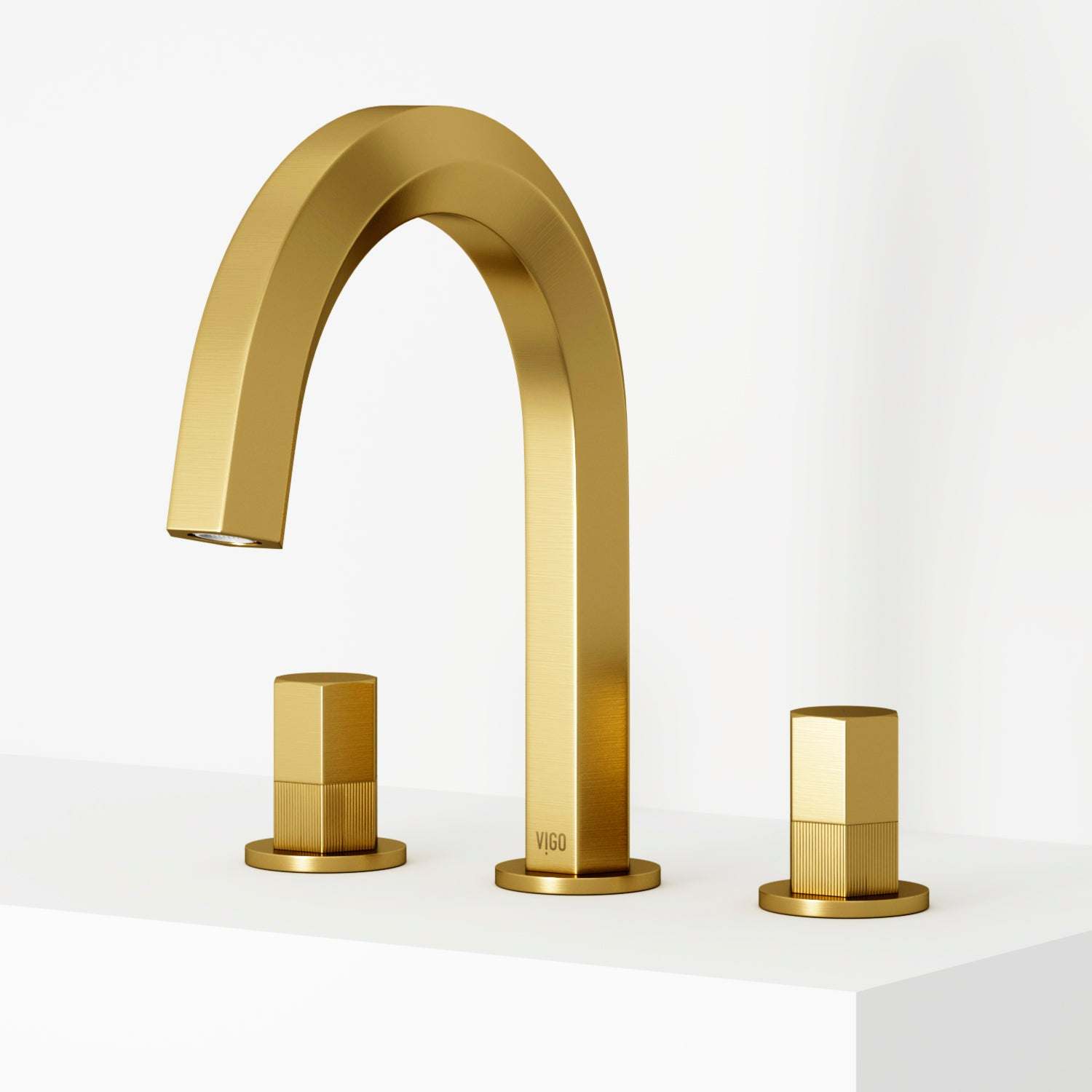 Matte Brushed Gold widespread bathroom faucet with high arc spout and ceramic disc valves