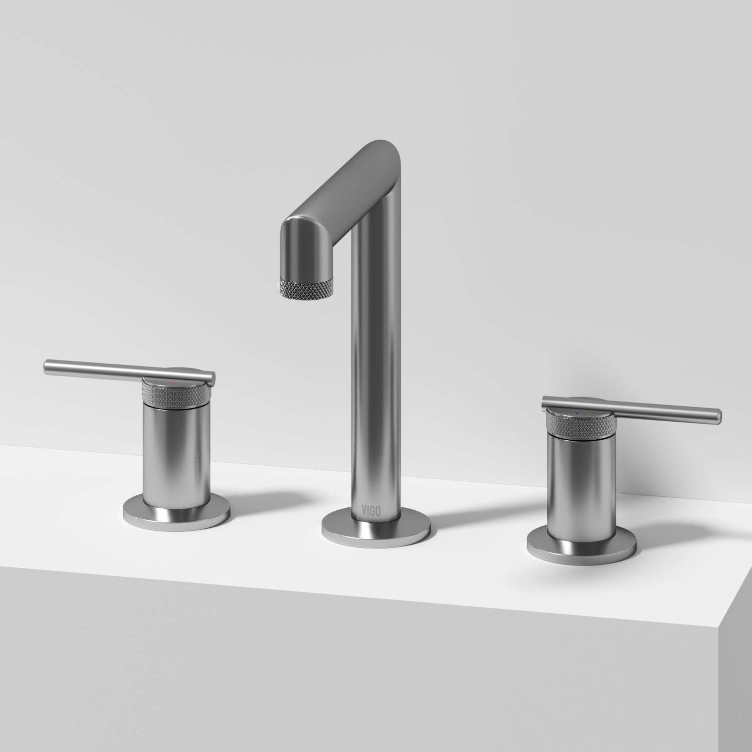 Brushed Nickel widespread bathroom faucet with lever handles and mid arc spout