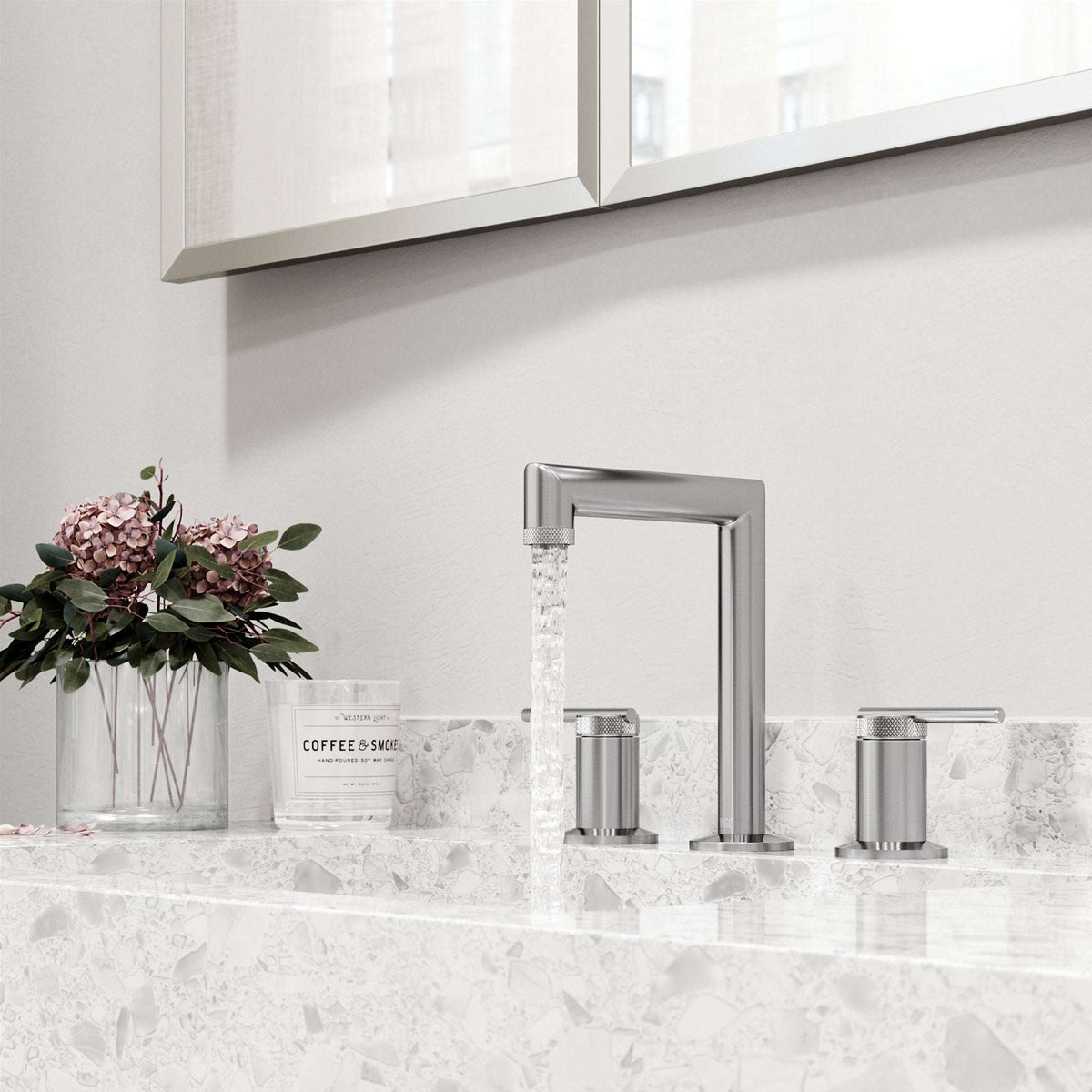 Mid arc spout faucet in brushed nickel with included mounting hardware and supply lines